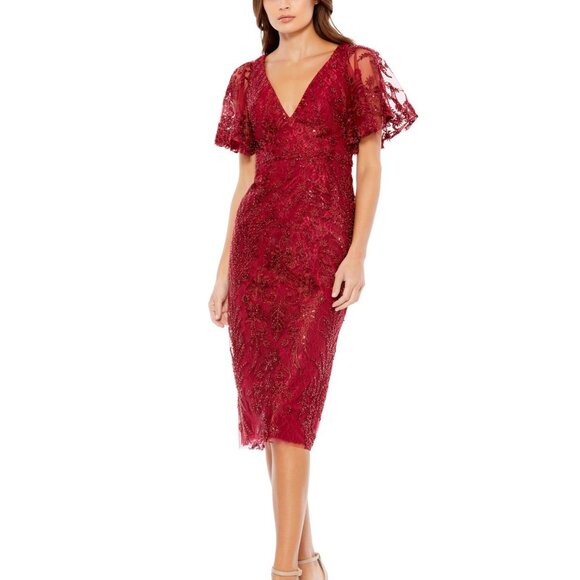 NWT‎ MAC DUGGAL 67546 SZ 16 FLARE SLEEVE MIDI LACE DRESS WINE $498 - Picture 1 of 10